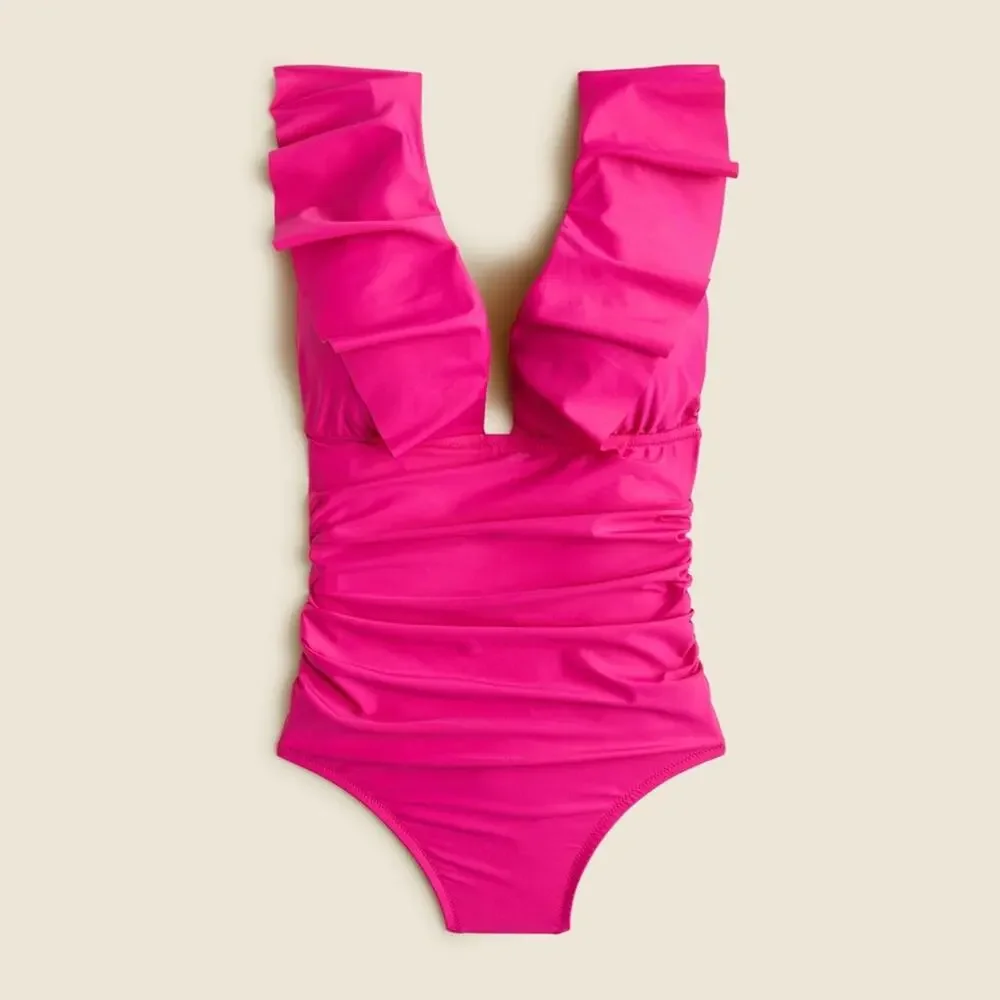 J. CREW Ruched Ruffle One Piece Swimsuit Girly Coquette Size 0 20 XS 2X‎